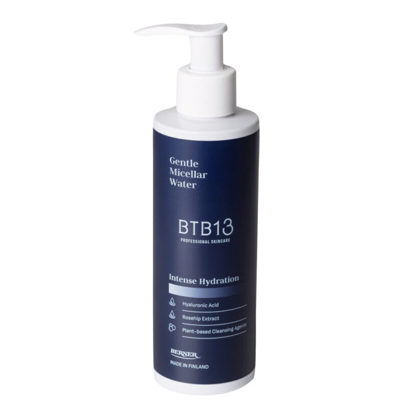 BTB13 Professional Skincare Gentle Micellar Water 200ml pumppupullo, kosteuttava misellivesi hyaluronihapolla ja ruusunmarjauutteella, Made in Finland