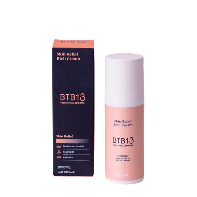 BTB13 Skin Relief Rich Cream 50 ml rikas kasvovoide herkälle iholle pakkauksessa, Berner